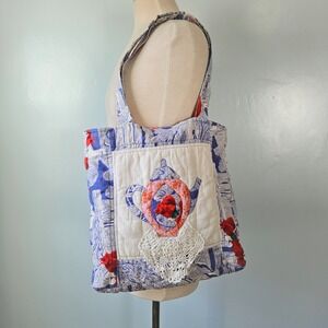 Handmade Quilted Tote Bag Blue Red Floral Teapot Applique Crochet Doily Boho